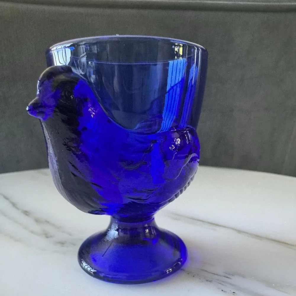 Vintage COBALT BLUE chicken shaped FOOTED EGG CUP ~ Arcaroc France  2.75